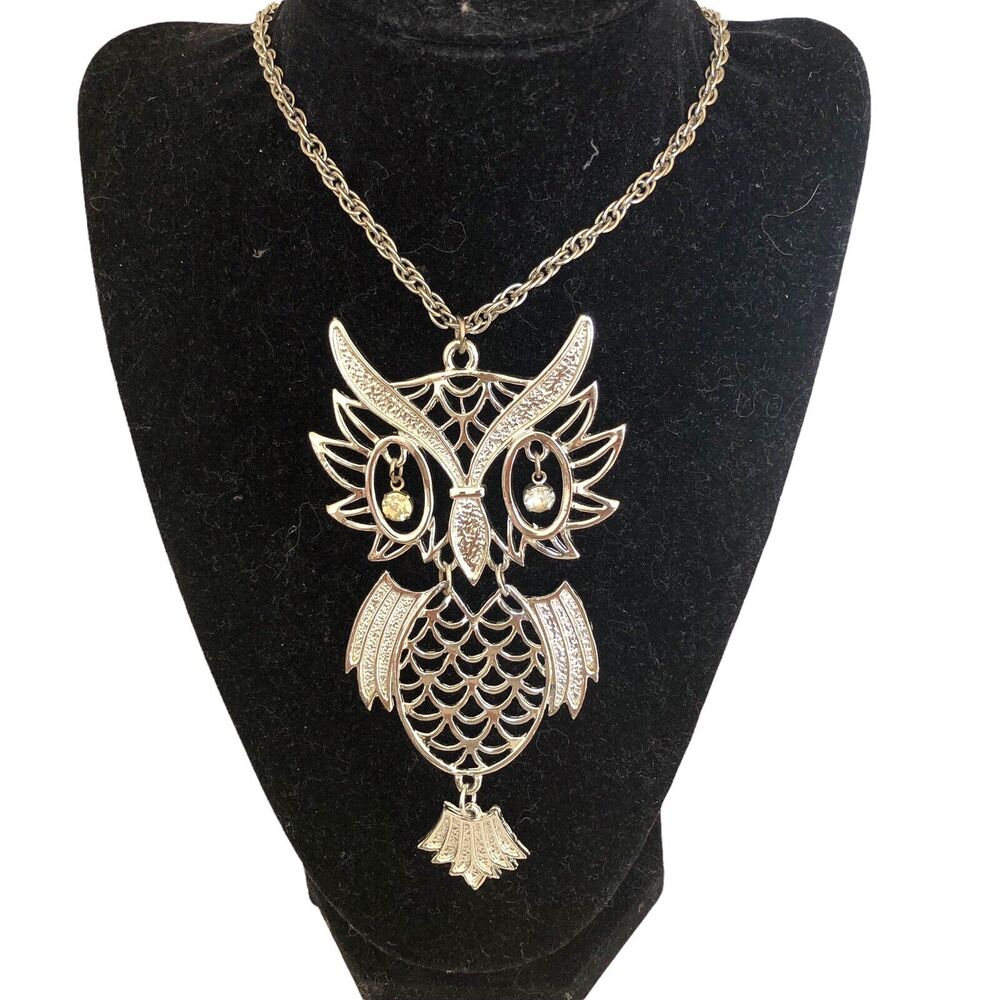 Vintage Large Owl Necklace Rhinestone Eyes Silver Plated Steel Rope Chain Retro